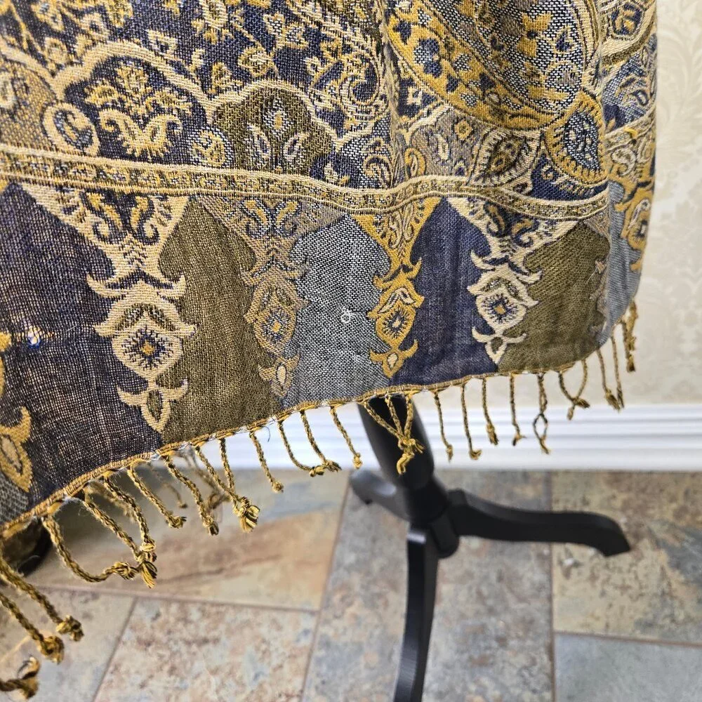Blue and Gold Paisley and Floral Patterned Oblong Scarf Fringed Ends Feminine